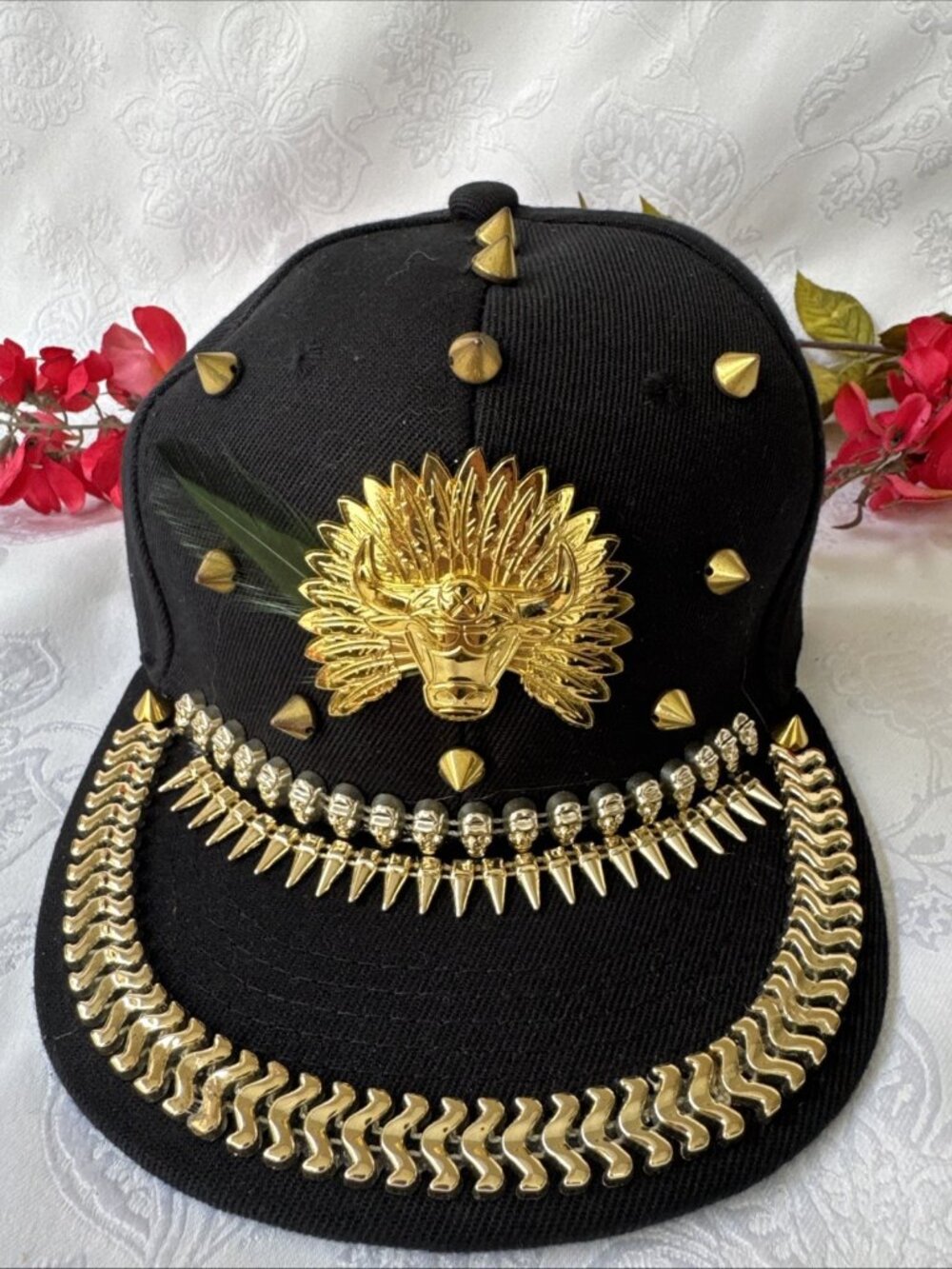 NEW BLACK GOLD BULL SKULLS PUNK SEXY BLING HAT FABRIC SHINY STUDS JENNIFER & CO
